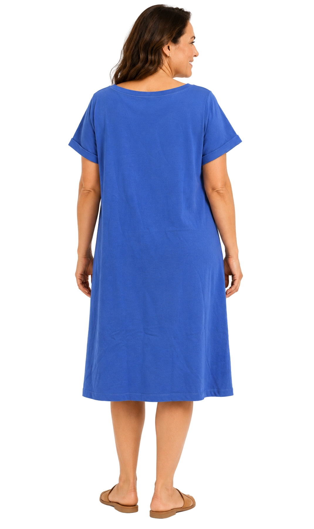 Women's Short Sleeve A-Line Knit Dress — Scoop Neck Asymmetrical Hem 11