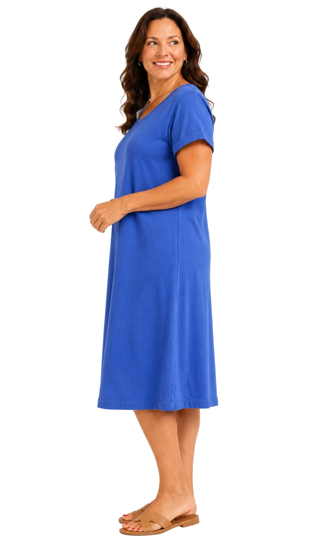 Women's Knit Wide Scoop Neck Short Sleeve Dress in A-line Asymmetrical Hem