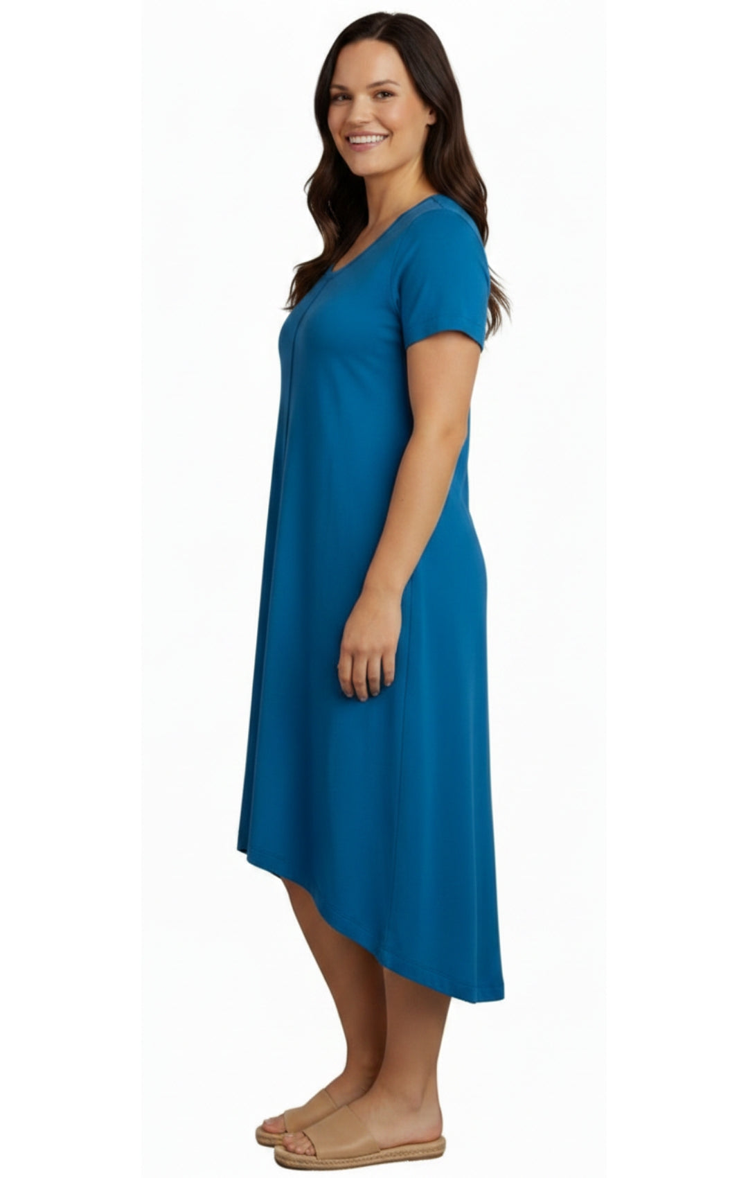 Women's Short Sleeve A-Line Knit Dress — Scoop Neck Asymmetrical Hem 10
