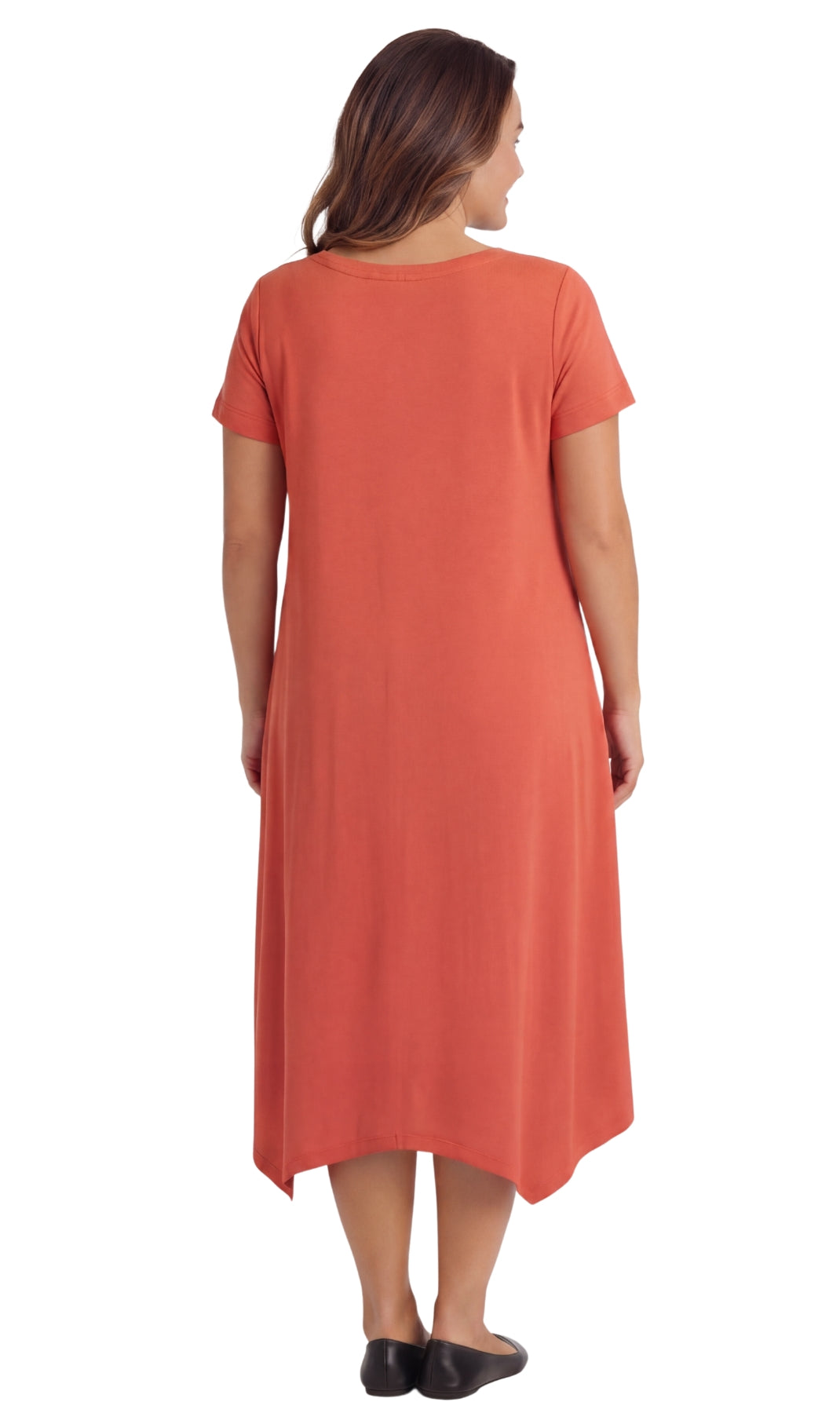 Women's Short Sleeve A-Line Knit Dress — Scoop Neck Asymmetrical Hem 6