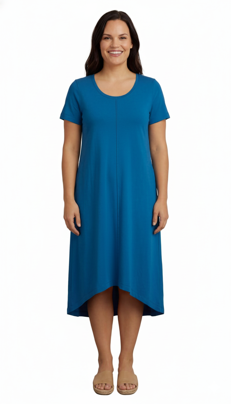 Turtle Bay New York Women's Vivid Blue Colored Knit Wide Scoop Neck Short Sleeve Dress in A-Line Aymmetrical Hem Turtle Bay New York Women's Vivid Blue Colored Knit Wide Scoop Neck Short Sleeve Dress in A-Line Aymmetrical Hem