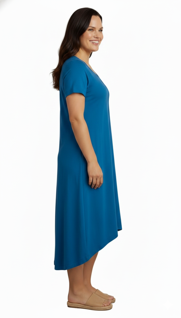 Women's Short Sleeve A-Line Knit Dress — Scoop Neck Asymmetrical Hem 9