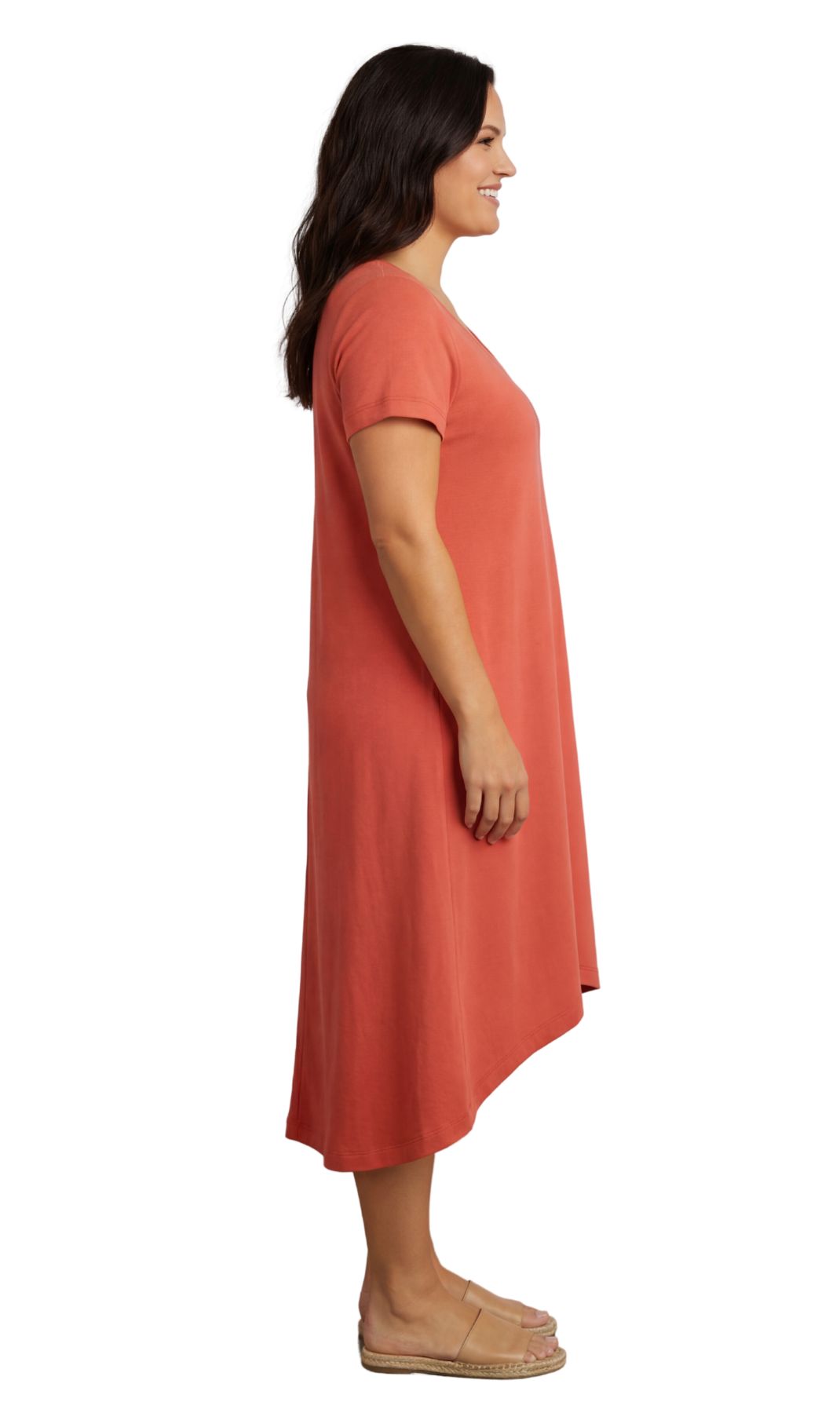 Women's Short Sleeve A-Line Knit Dress — Scoop Neck Asymmetrical Hem 7