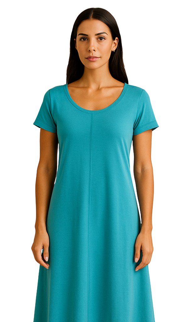 Women's Knit Wide Scoop Neck Short Sleeve Dress in A-line Aymmetrical Hem