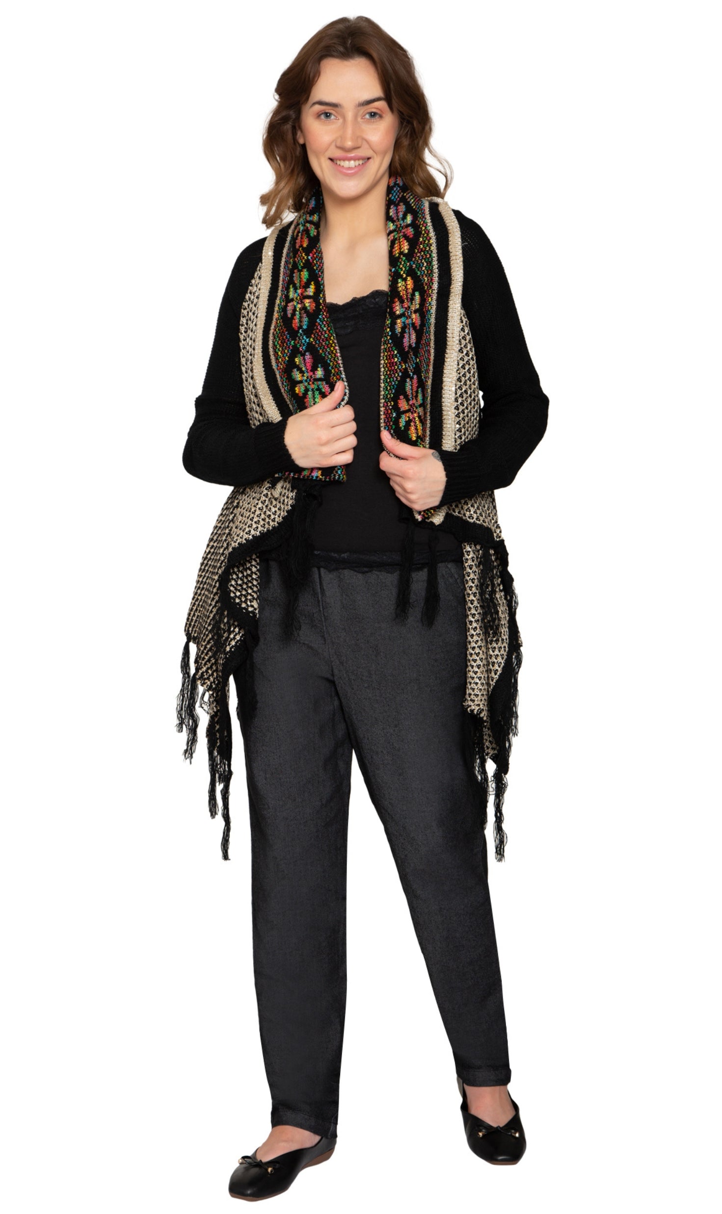 Women's Fringed Jacquard Weave Open Front Long Cardigan 6