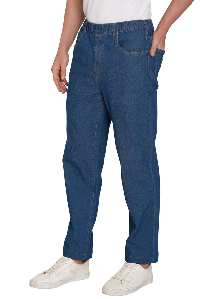 Turtle Bay New York Men's Casual Elastic Waist Denim Pull on Jeans Pants -Med Blue - Side - TURTLE BAY APPAREL