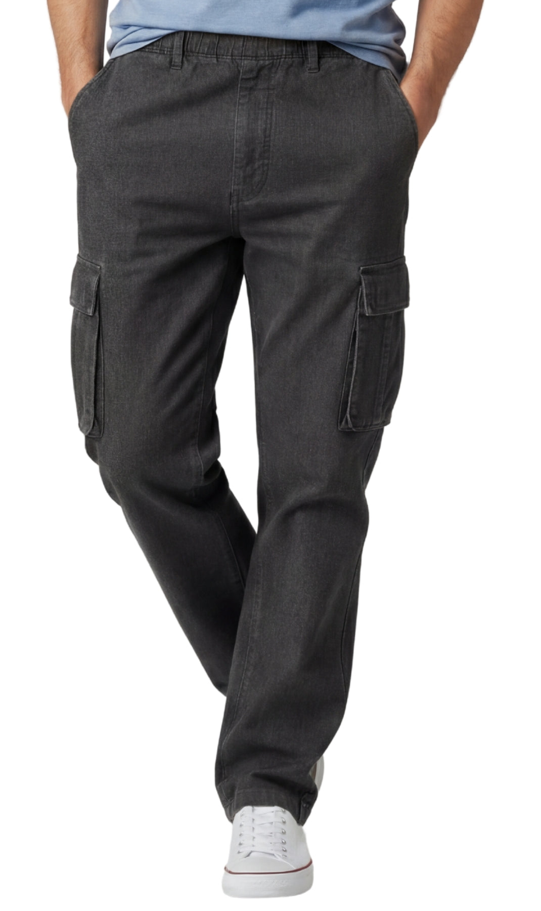 Turtle Bay New York Men's Lightweight Double Cargo Pocket Pull-On Jeans med black front