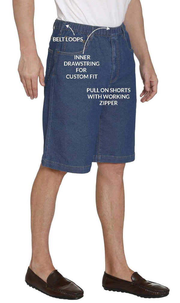 Men's Pull On Shorts - Easy Step-In Styling Free of Buttons and Snaps - Med Blue - Details -TURTLE BAY APPAREL