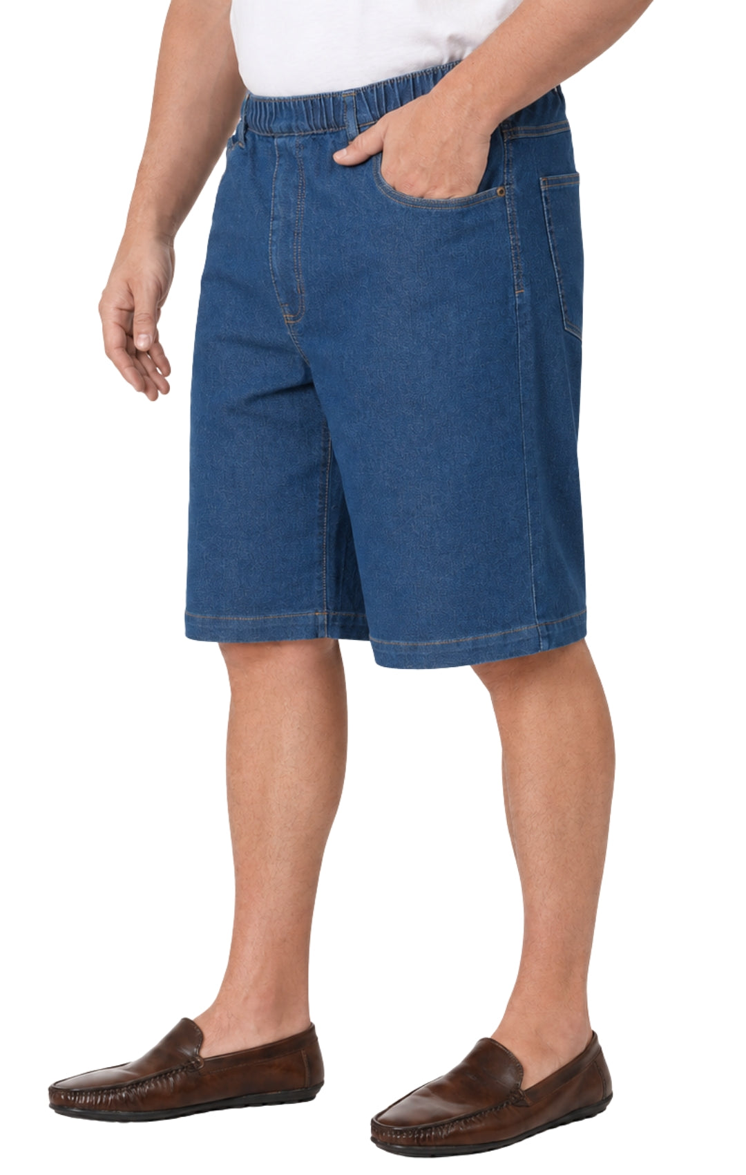 Person wearing blue denim shorts on a white background