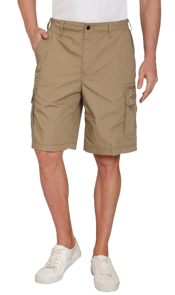 Men's Elastic Waist Cargo Shorts - Khaki - Comfort and Functionality for Any Adventure-  Khaki - Front- TURTLE BAY APPAREL