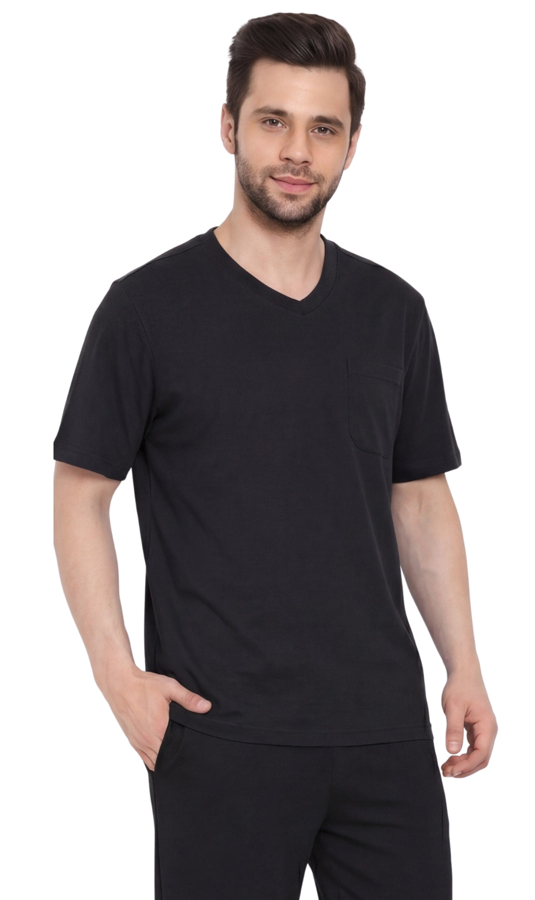 Turtle Bay New York Men's Heavyweight Short Sleeve V-Neck T-Shirt – Relaxed Fit Cotton Blend with Pocket black front