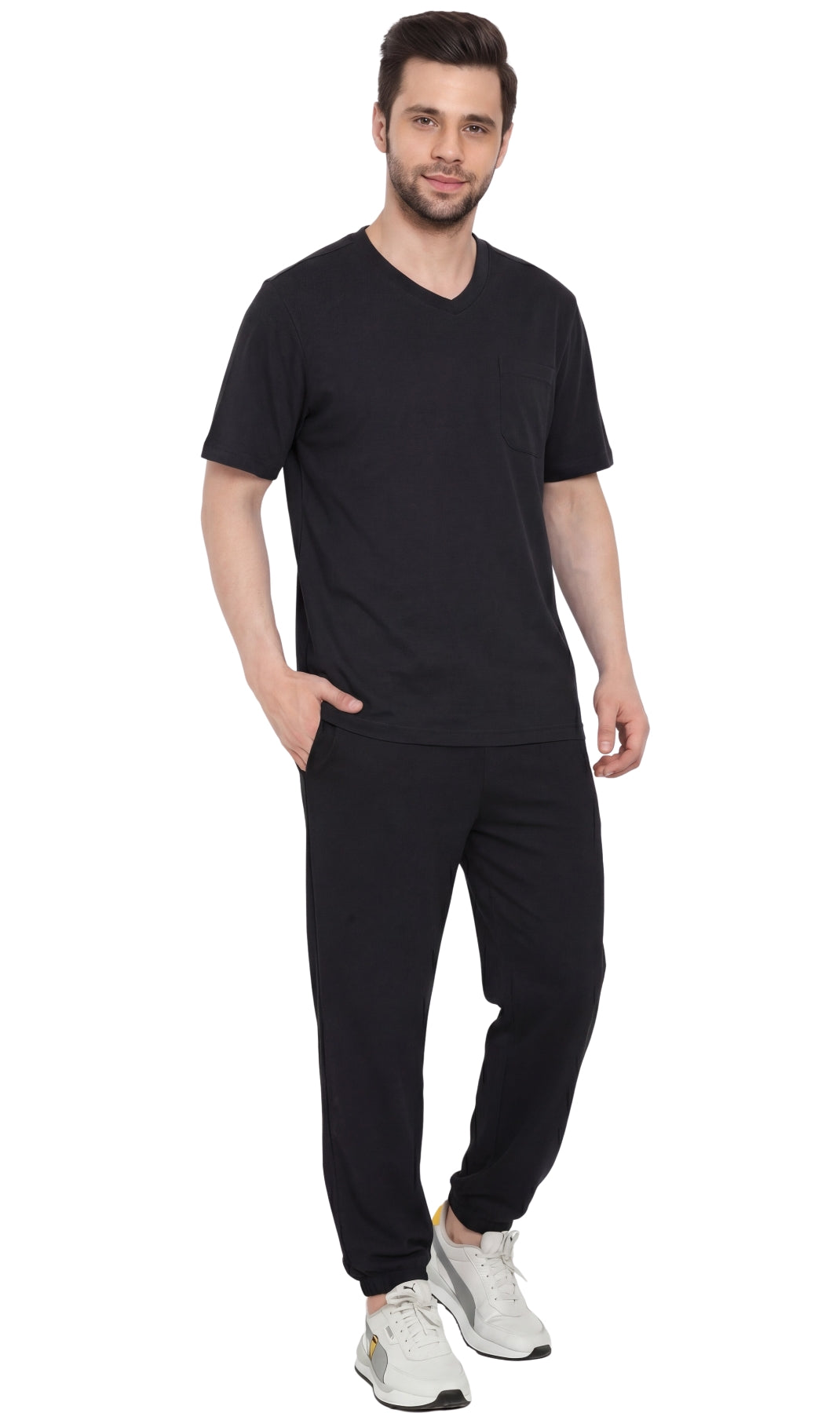 Turtle Bay New York Men's Heavyweight Short Sleeve V-Neck T-Shirt – Relaxed Fit Cotton Blend with Pocket black full