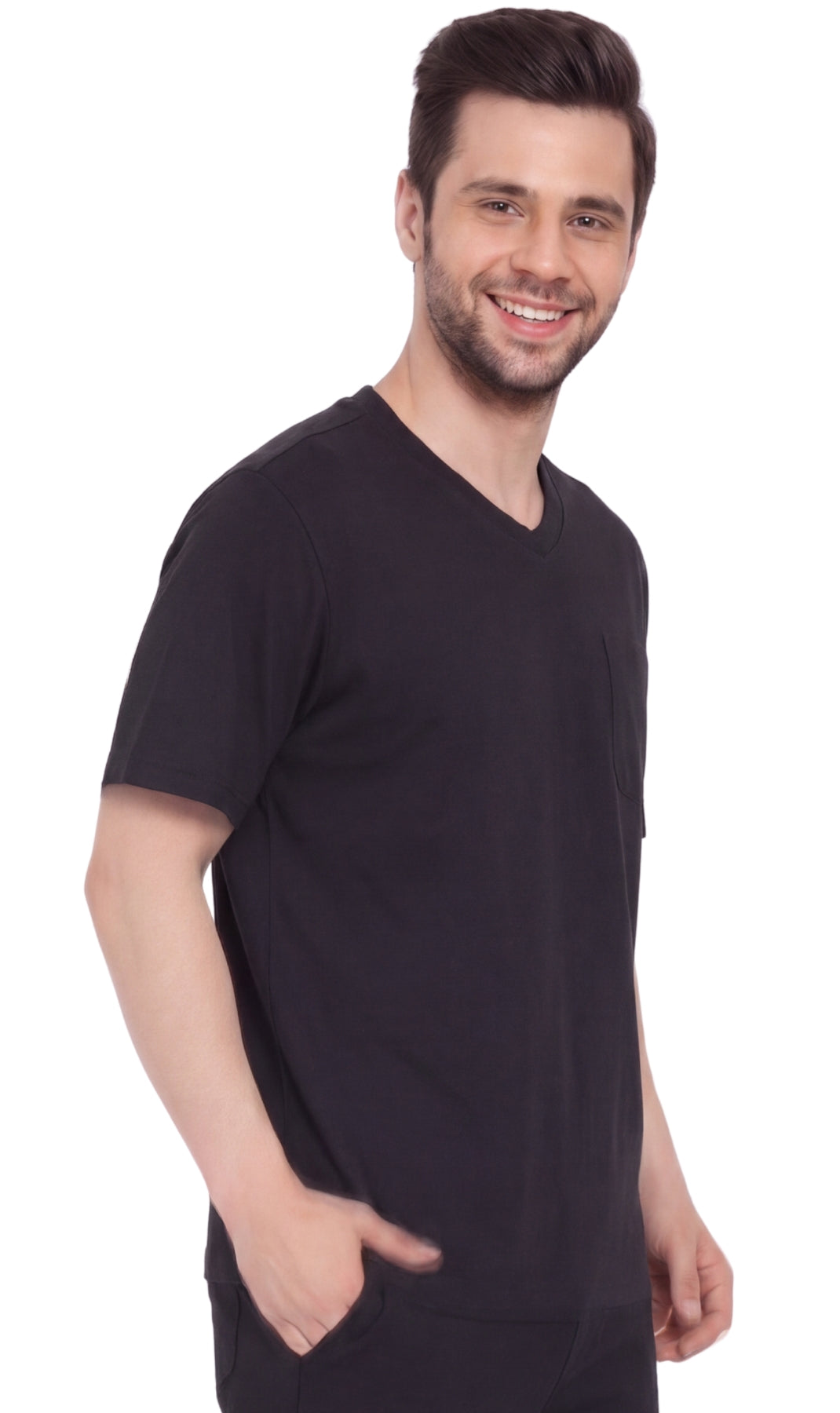 Turtle Bay New York Men's Heavyweight Short Sleeve V-Neck T-Shirt – Relaxed Fit Cotton Blend with Pocket black side