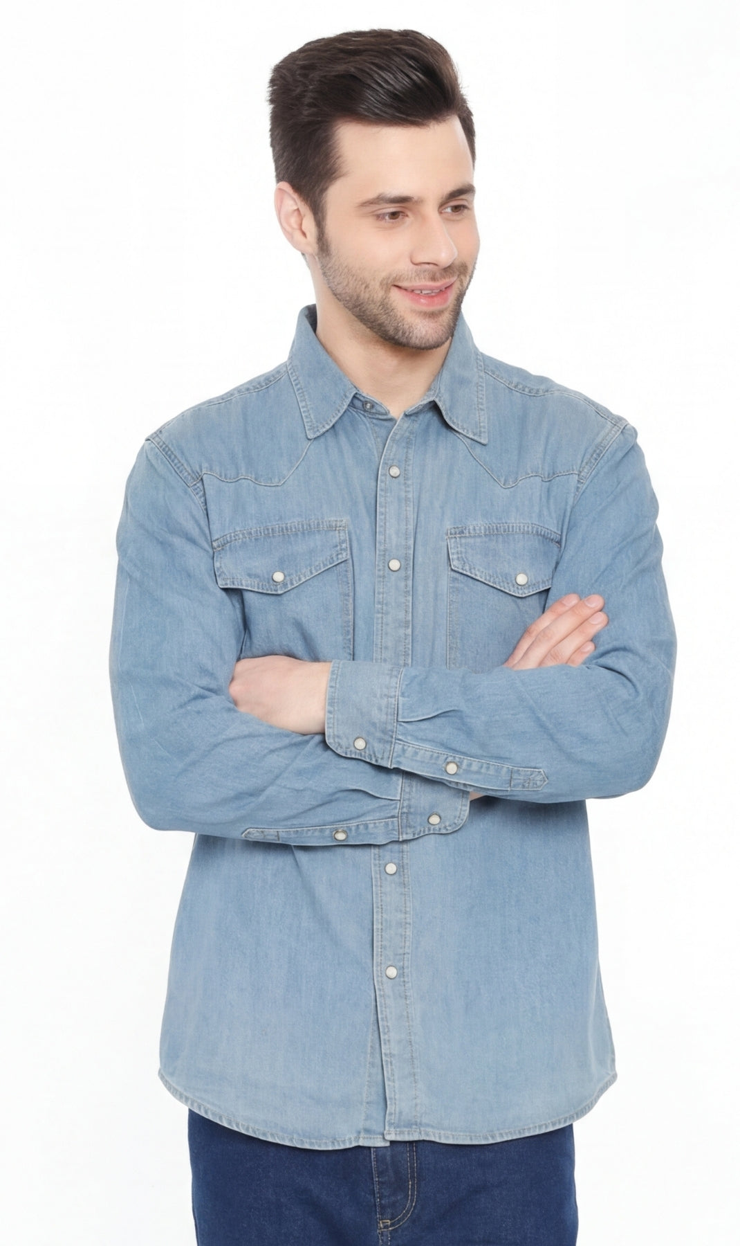 Mens Western Snap Front Button Shirt in Denim and Twill with a Stitche