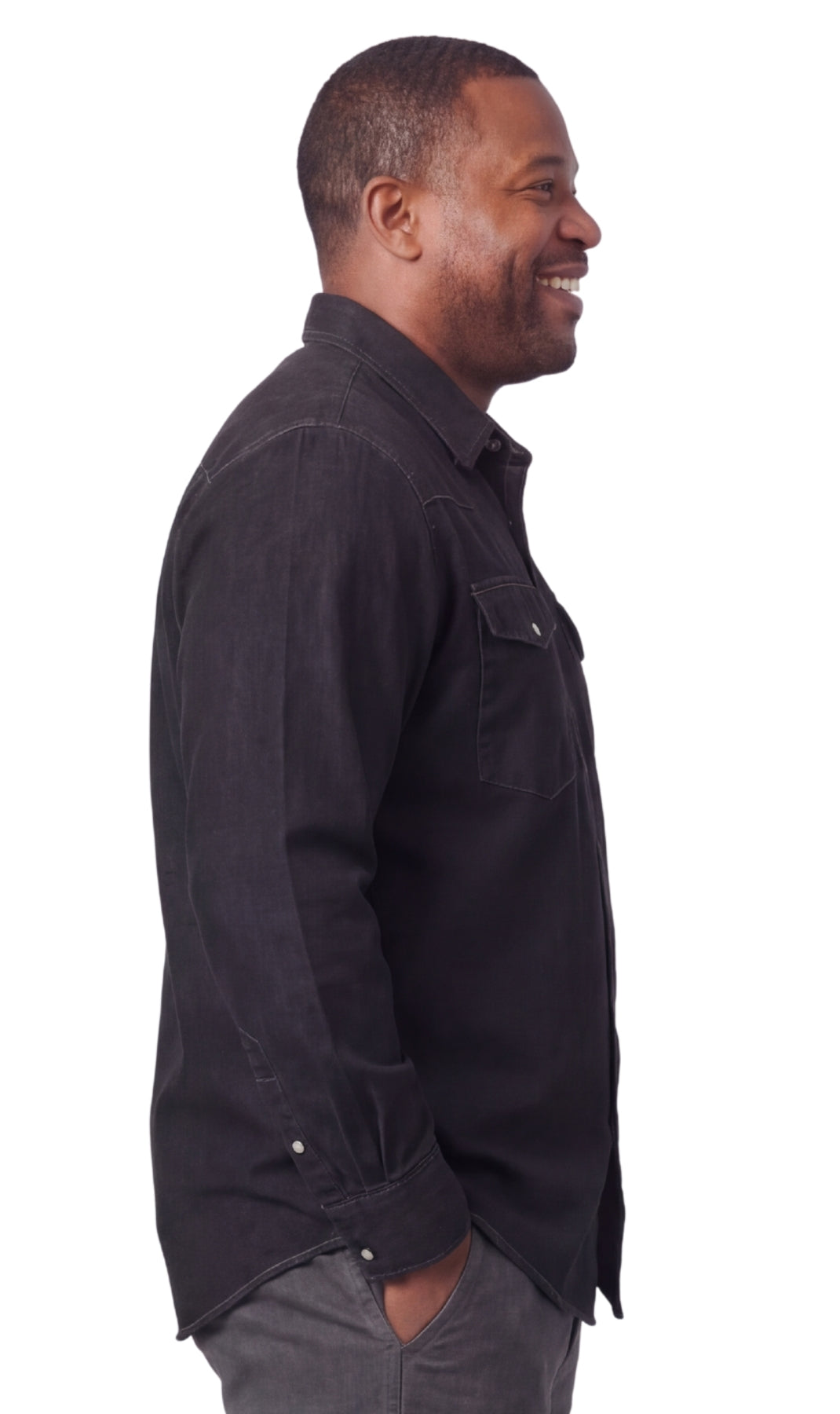 Turtle Bay Apparel Mens Western Snap Front Button Shirt in Denim and Twill with a Stitched Yoke and Chest Pockets – Black Side View