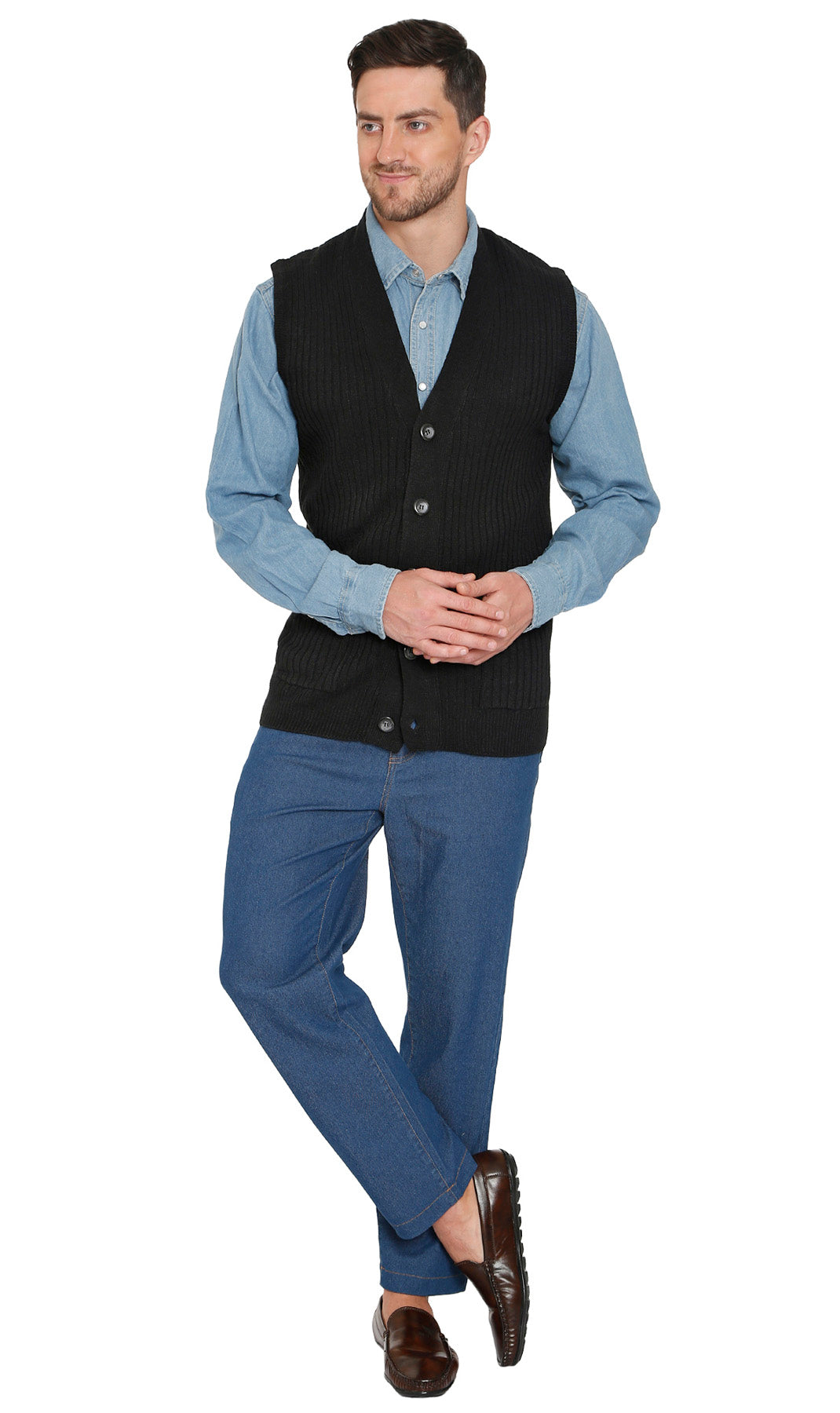 Men's Relaxed Fit Rib Knit Sweater Vest - Button Front with Pockets - Gray / M Men's Relaxed Fit Rib Knit Sweater Vest - Button Front with Pockets - Gray / M