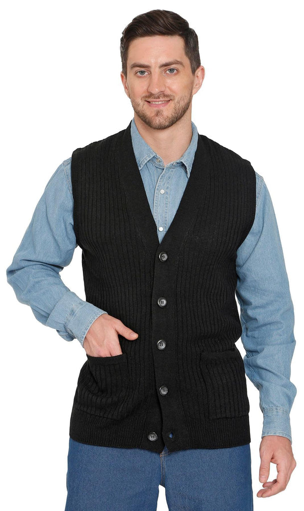 Men's Ribbed Button Front Vest Sweater - Button Up Vest in a Handsome Ribbed Knit - Black - Front -TURTLE BAY APPAREL