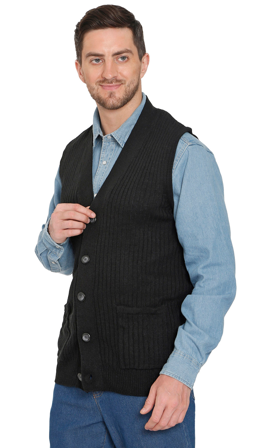 Men's Relaxed Fit Rib Knit Sweater Vest - Button Front with Pockets 3