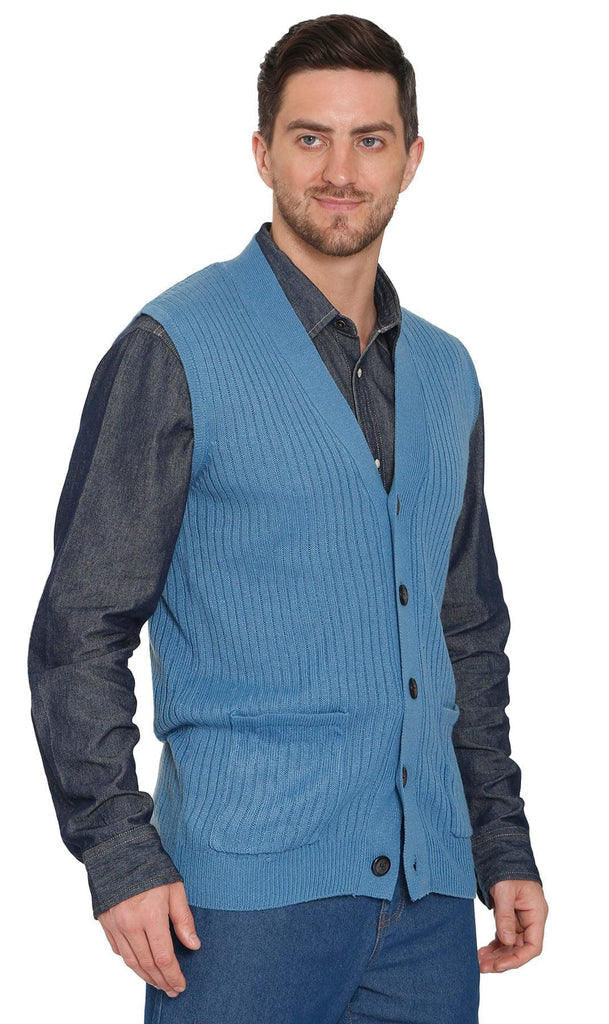 Men's Ribbed Button Front Vest Sweater - Button Up Vest in a Handsome Ribbed Knit - Blue - Front -TURTLE BAY APPAREL