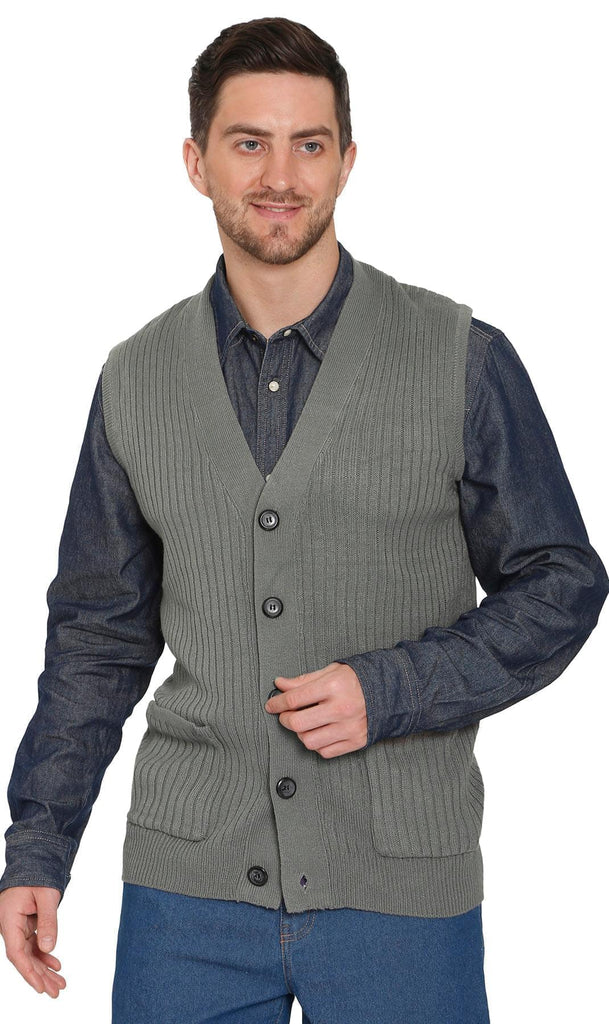 Men's Ribbed Button Front Vest Sweater - Button Up Vest in a Handsome Ribbed Knit - Gray- Front -TURTLE BAY APPAREL