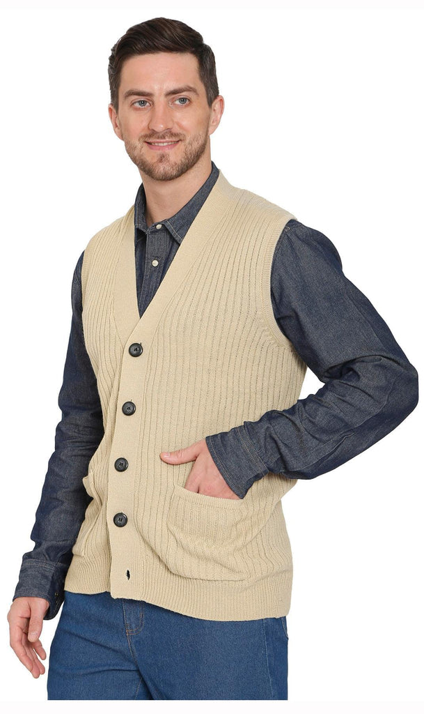 Men's Ribbed Button Front Vest Sweater - Button Up Vest in a Handsome Ribbed Knit - Tan - Front - TURTLE BAY APPAREL