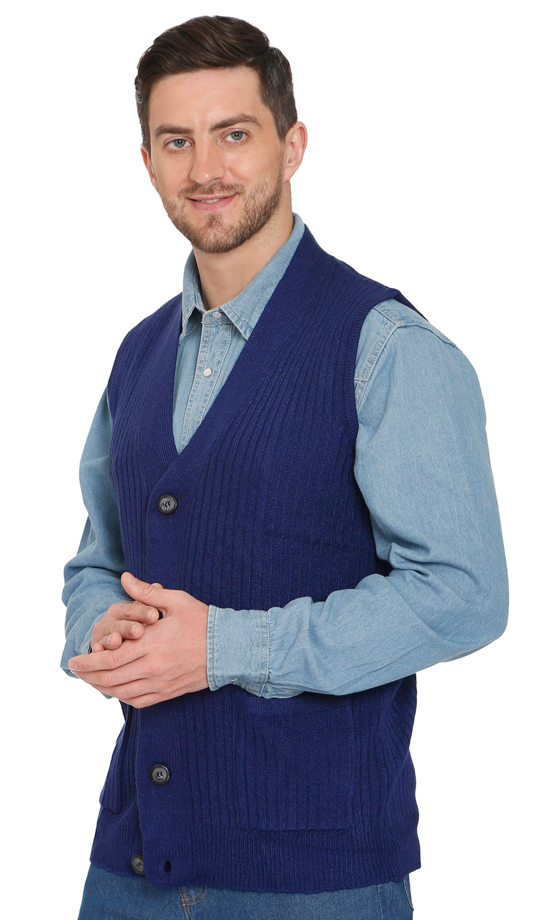 Men's Relaxed Fit Rib Knit Sweater Vest - Button Front with Pockets 28