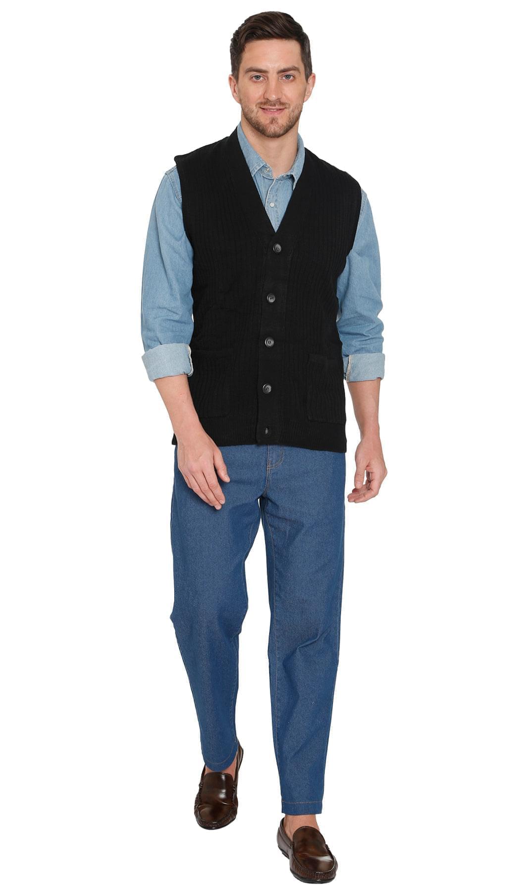 Men's Knitted Button Front Sweater Vest - Button Up Knit Vest in Cashmere-Like Acrylic - Black - Full -TURTLE BAY APPAREL