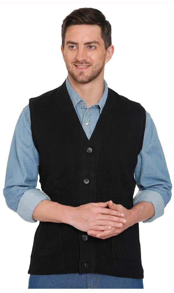 Men's Knitted Button Front Sweater Vest - Button Up Knit Vest in Cashmere-Like Acrylic - Black - Front - TURTLE BAY APPAREL