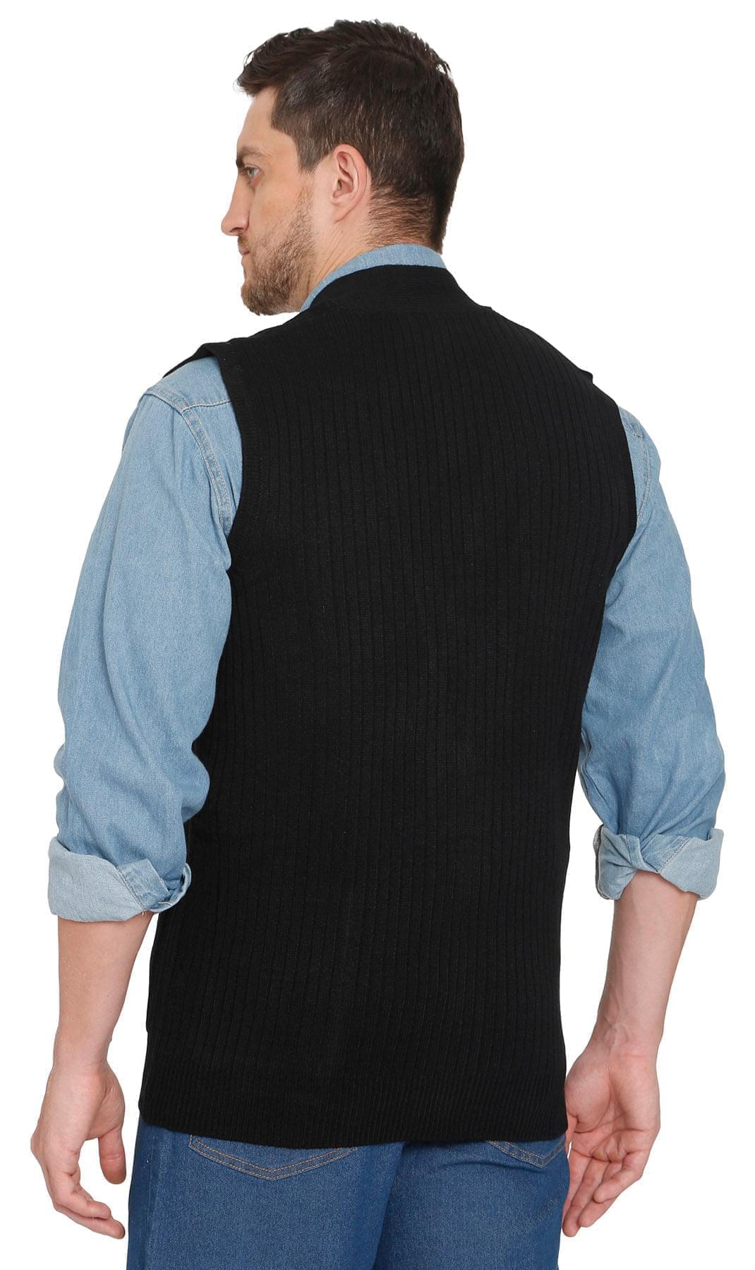 Men's Knitted Button Front Sweater Vest - Button Up Knit Vest in Cashmere-Like Acrylic - Black - Back -TURTLE BAY APPAREL