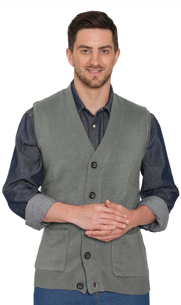 Men's Knitted Button Front Sweater Vest - Button Up Knit Vest in Cashmere-Like Acrylic GRAY - Front -TURTLE BAY APPAREL