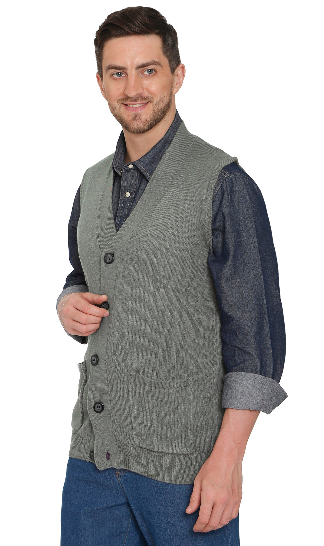 Men's Cashmere-Like Button Front Flat Knit Sweater Vest with Chest Pockets Black M