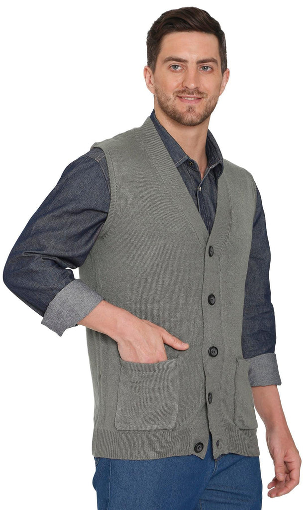Men's Knitted Button Front Sweater Vest - Button Up Knit Vest in Cashmere-Like Acrylic - GRAY - Front - TURTLE BAY APPAREL