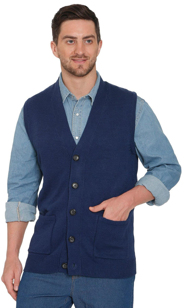 Men's Knitted Button Front Sweater Vest - Button Up Knit Vest in Cashmere-Like Acrylic  - NAVY  - Front -TURTLE BAY APPAREL