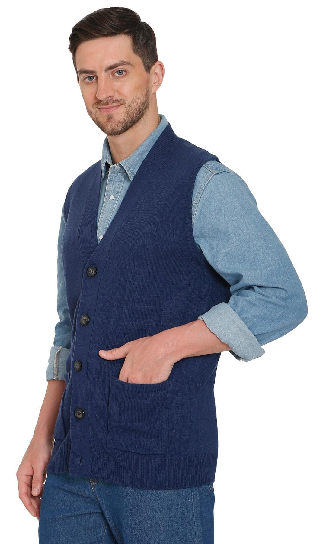 Men's Knitted Button Front Sweater Vest - Button Up Knit Vest in Cashmere-Like Acrylic - NAVY  -Side - TURTLE BAY APPAREL