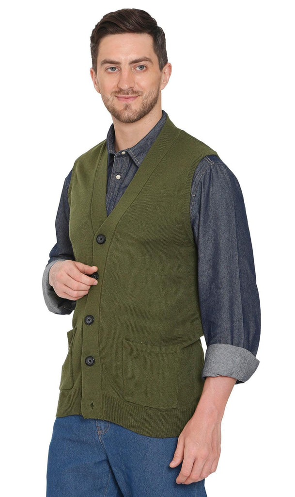 Men's Knitted Button Front Sweater Vest - Button Up Knit Vest in Cashmere-Like Acrylic - Olive - Side -TURTLE BAY APPAREL