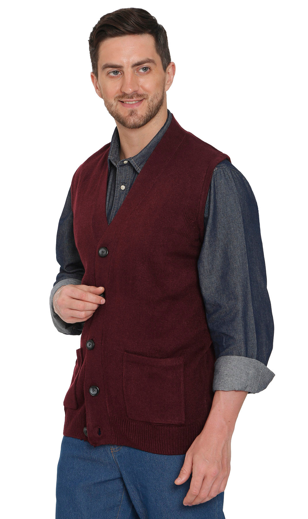 Turtle Bay New York Men's Flat Knit Button Front Cashmere-Like Sweater Vest with Front patch Pockets - Burgundy Turtle Bay New York Men's Flat Knit Button Front Cashmere-Like Sweater Vest with Front patch Pockets - Burgundy