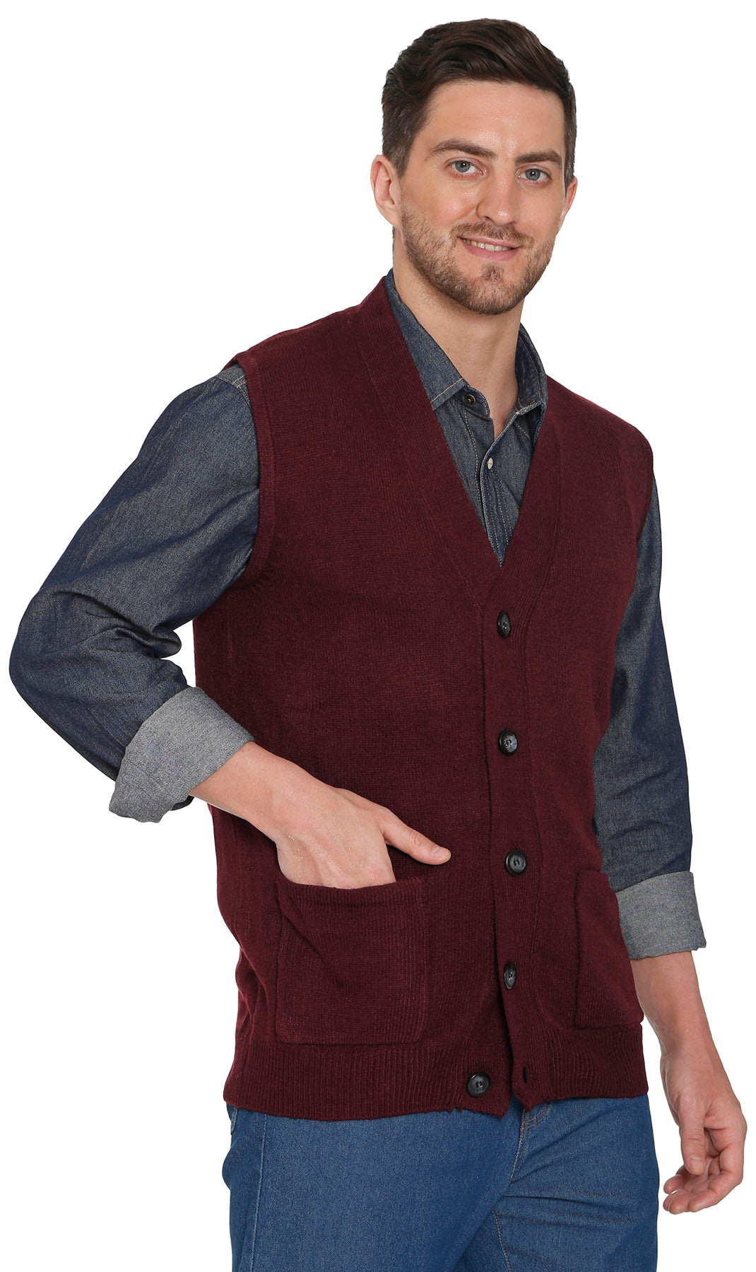Men's Cashmere-Like Button Front Flat Knit Sweater Vest with front patch pockets 19