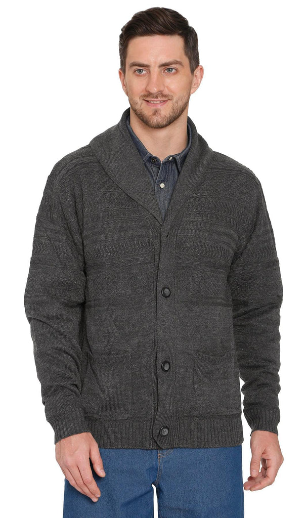Mens Jacquard Weave Shawl Collar Cardigan - CHARCOAL - Front -TURTLE BAY APPAREL