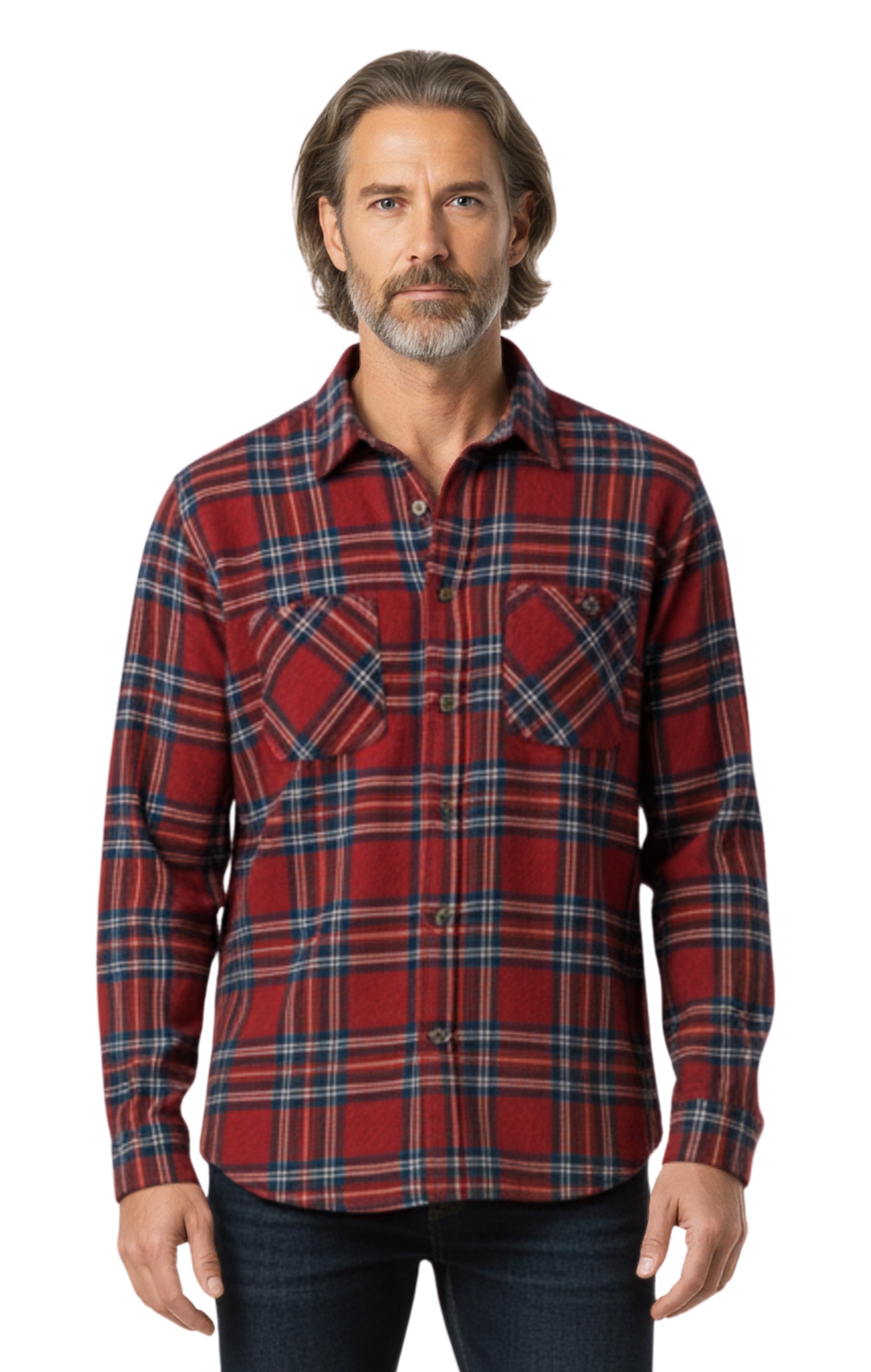 Turtle Bay New York Men's Heathered Fleece Overshirt with Chest Pockets and Tortoise-shell patterned Buttons Burgundy Plaid front