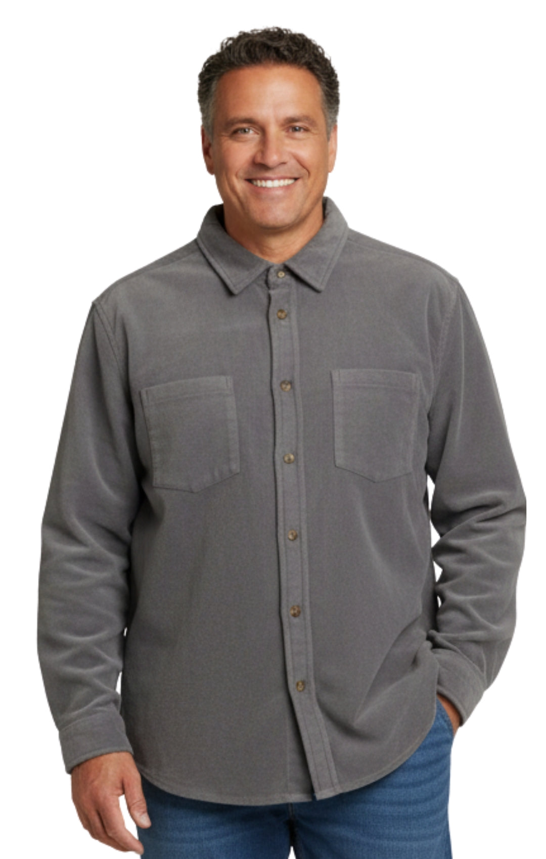 Men's Heathered Fleece Overshirt with Chest Pockets — Button Front 9