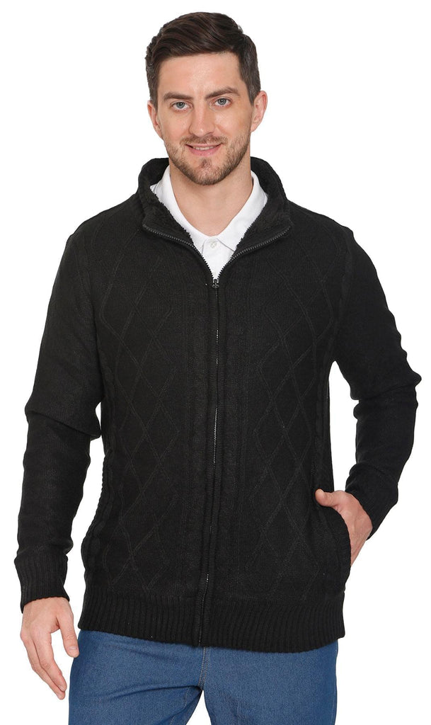 Mens Sherpa Lined Zip Front Sweater Jacket Black - Front - TURTLE BAY APPAREL