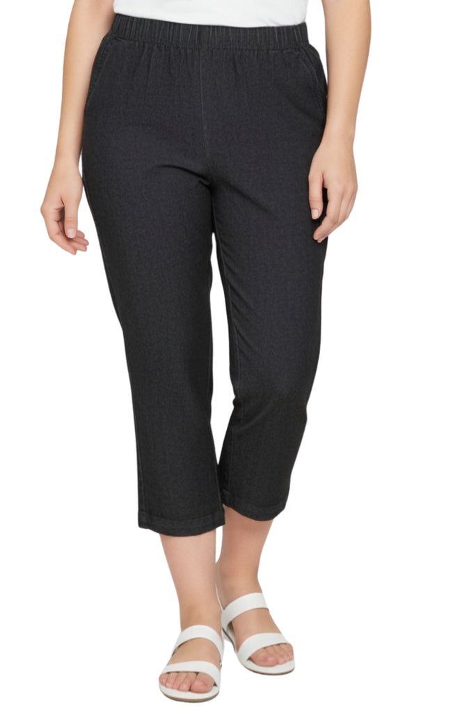 Women's Elastic Waist Pull On Stretch Denim & Twill Capri with side pockets