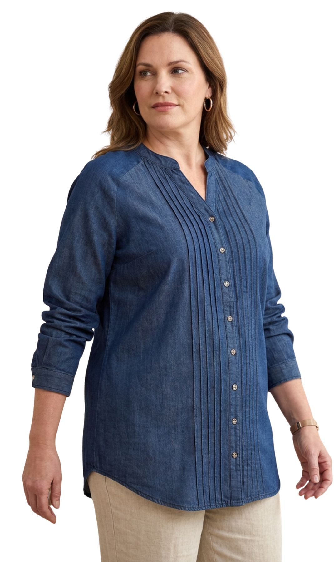 Women's Denim Pintuck Button-Front Tunic Top 3