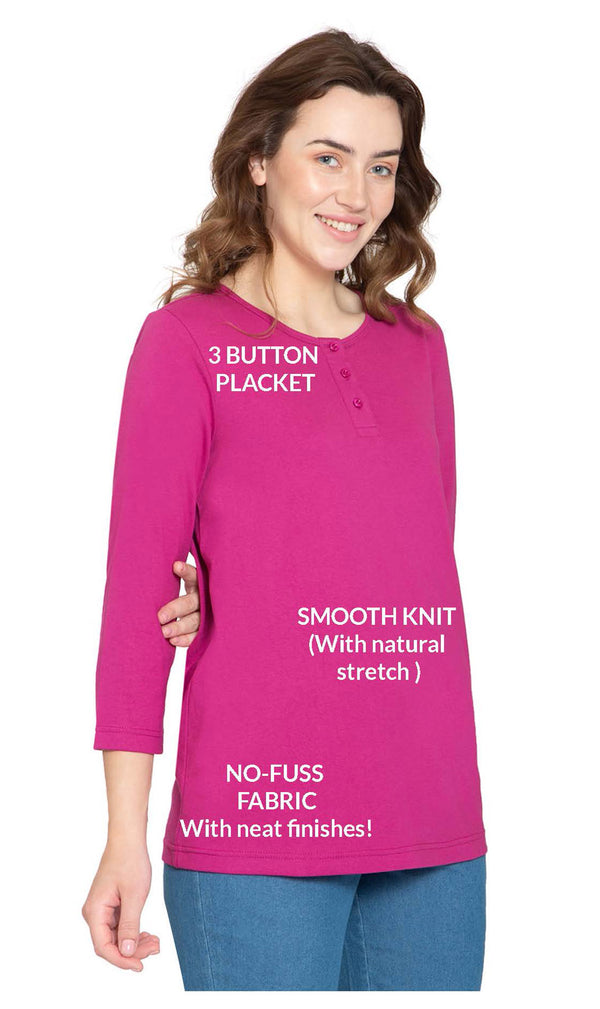 Women's Three Quarter Sleeve Henley – Comfort in Every Color!- Deep Orchid - Info -  TURTLE BAY APPAREL