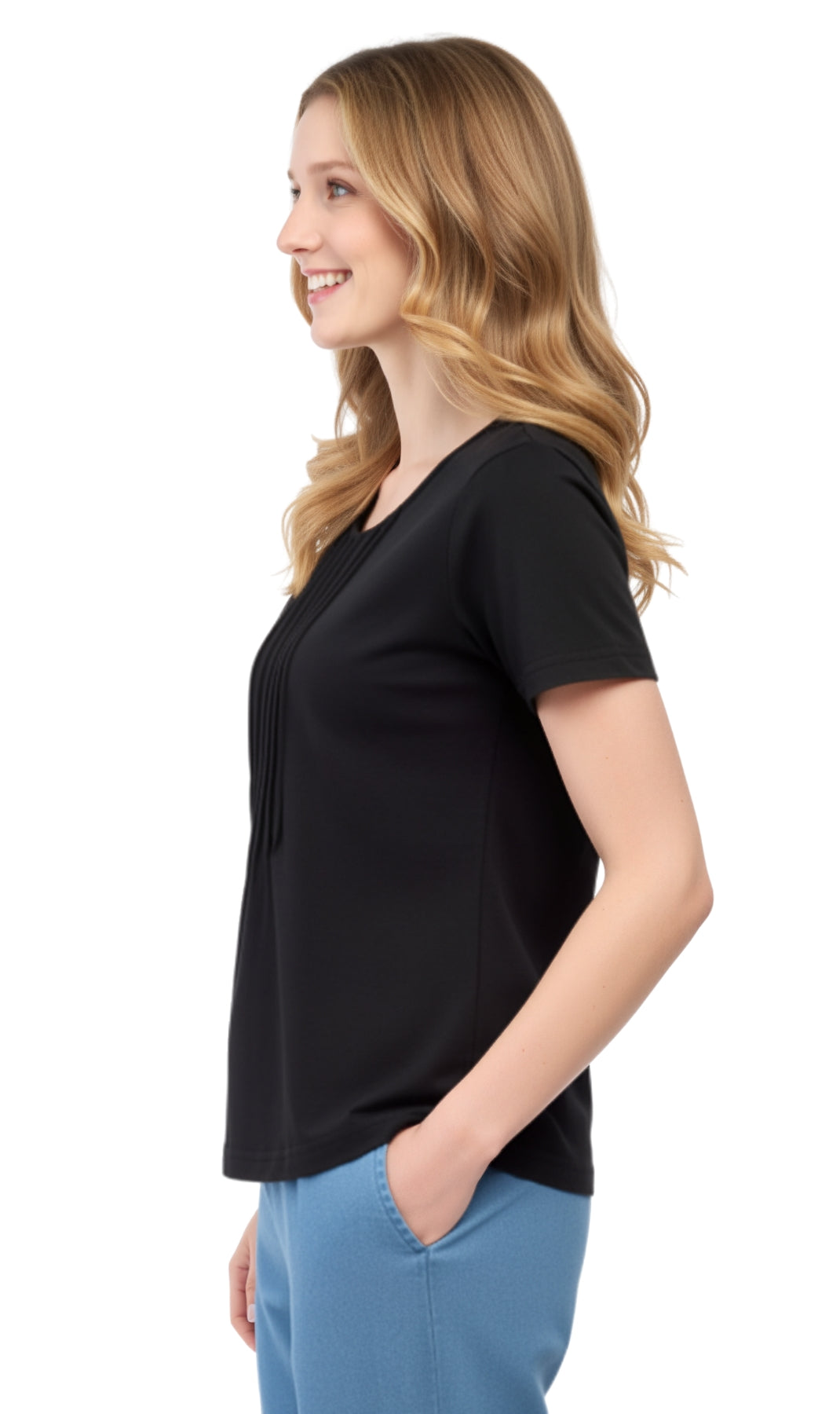 Women's Short Sleeve Cotton Knit T-shirt in Pintuck Style 22