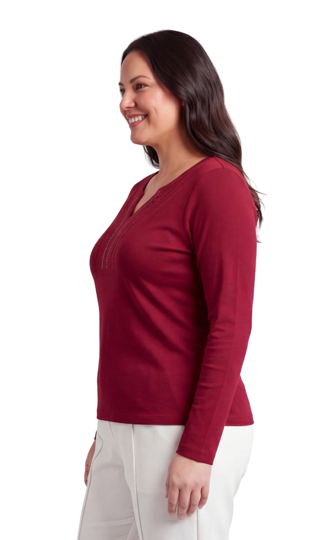 Women's Open Crochet And Jewel Trim V-Neck Knit Top in Cotton Rib Knit