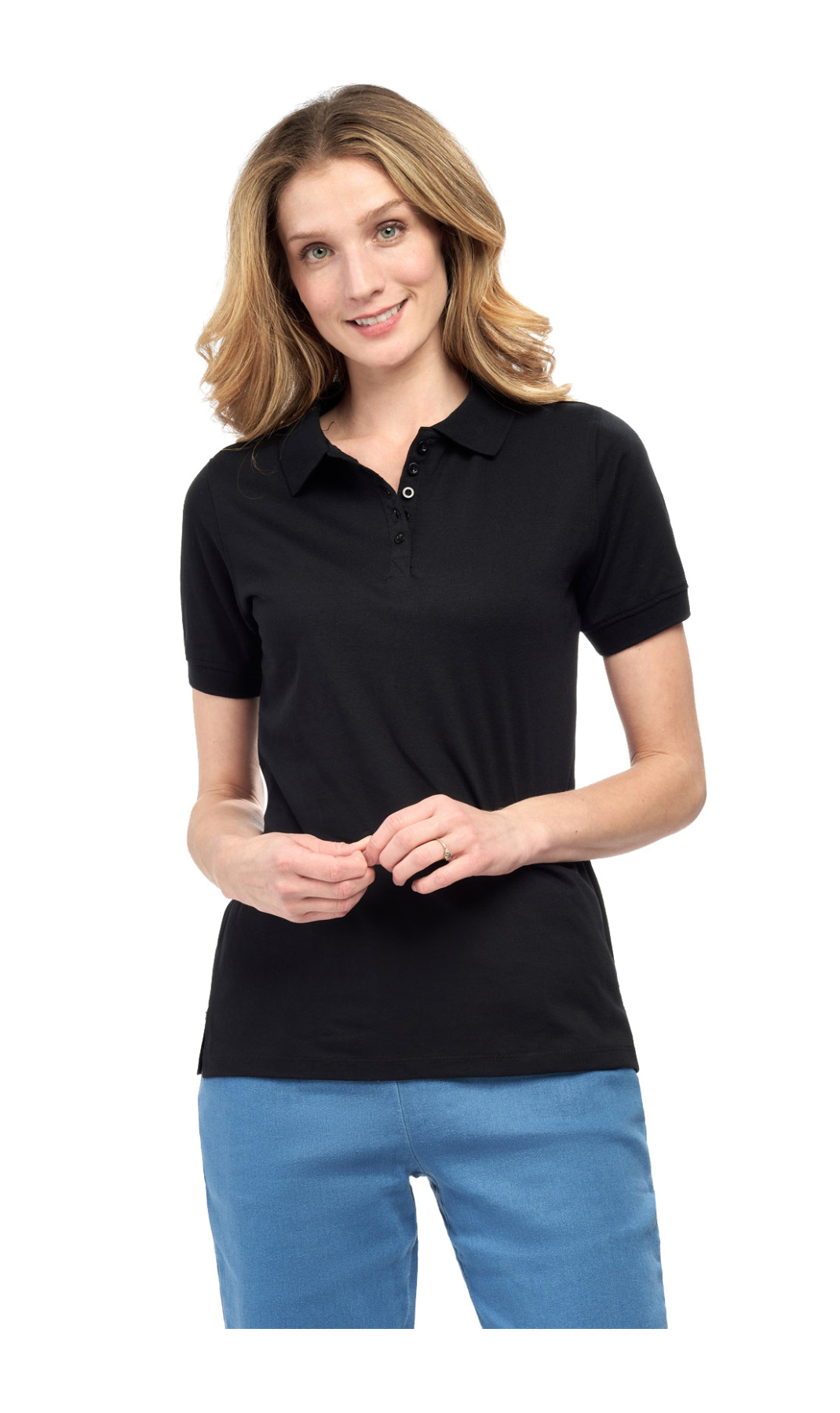 Women's Short Sleeve Pique Knit Polo Shirt in Relaxed Fit Pocketless Jersey 11