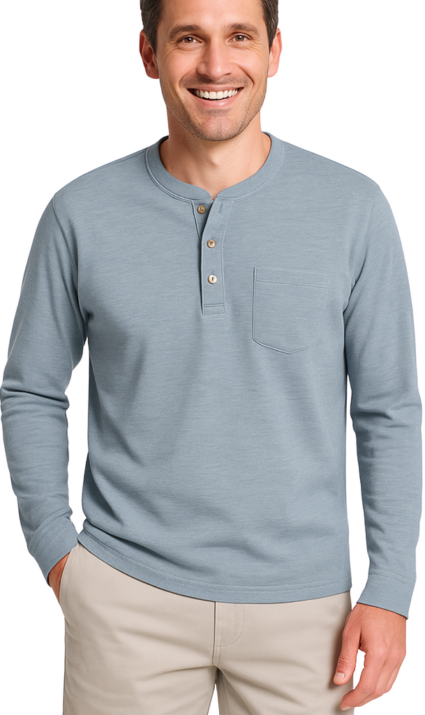 Men's Long Sleeve Henley shirt in cotton blend with 3 Button Placket & Chest Pocket
