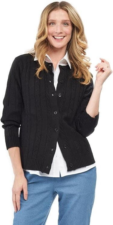 Women's Classic Button Front Cable Knit Cardigan in Soft Acryllic