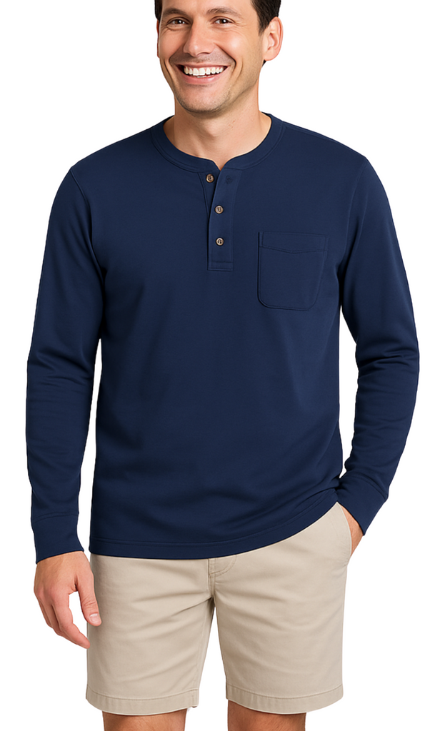 Men's Long Sleeve Henley shirt in cotton blend with 3 Button Placket & Chest Pocket